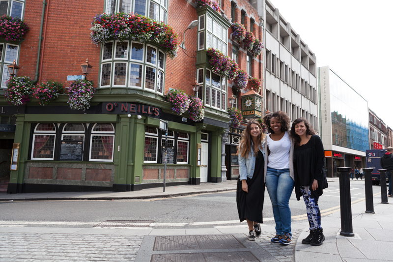 Lady EC students walking in Dublin, posing for the picture