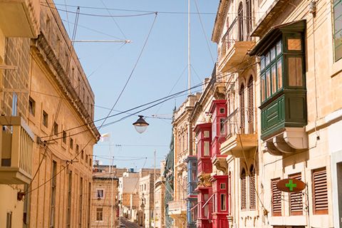 Typical facades and balconies in Valletta, Malta