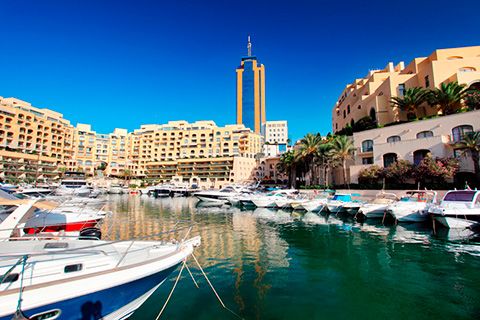 Portomaso Marina, view of Portomaso building in Malta