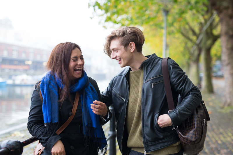 English students joking outside